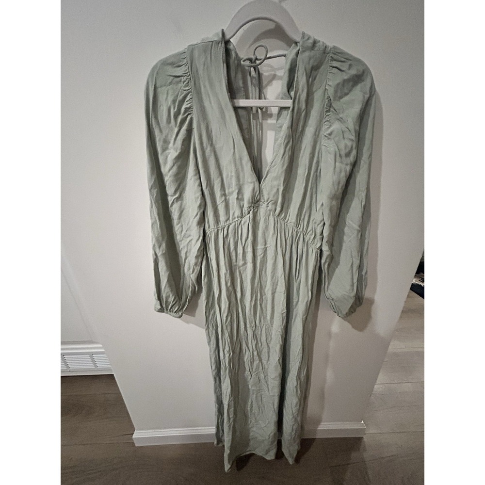 Boho H&M Pale Green Maxi Dress S Long Sleeve Open Back Empire waist Midi